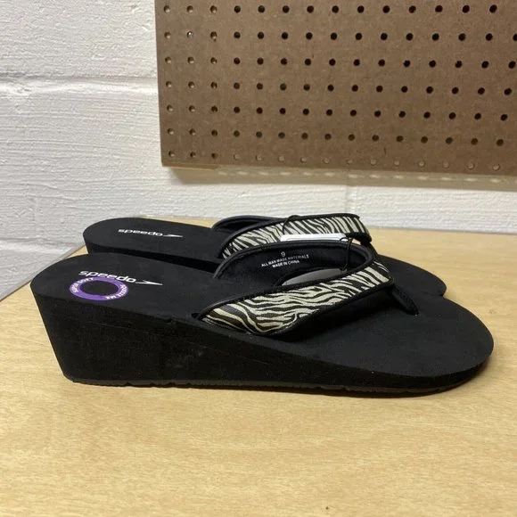 Speedo Shoes Speedos Wedge Flip Flops Black Zebra Size